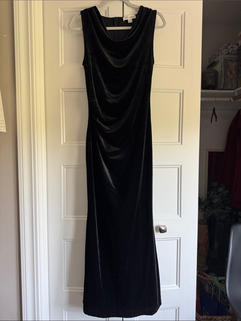 Grace Karin Black Velvet Cowl-Neck Maxi Dress